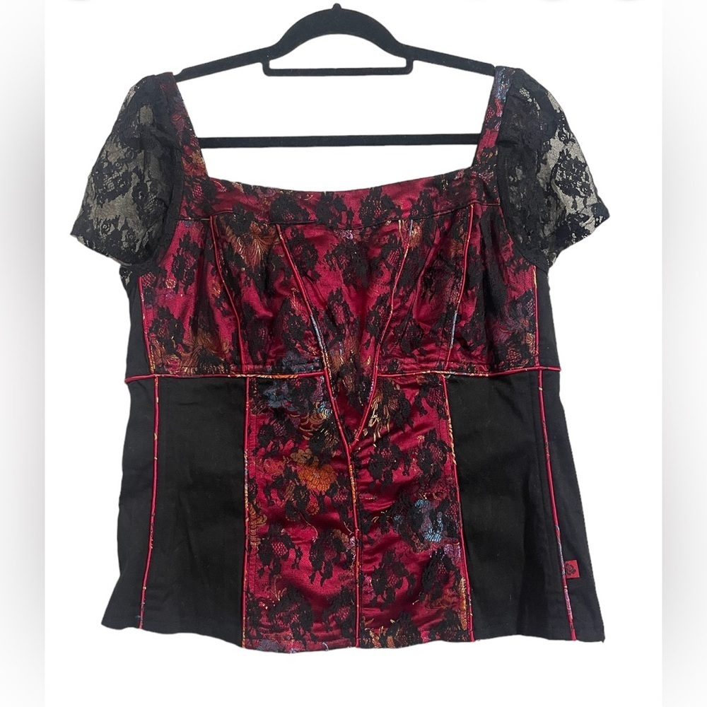 Vintage Tripp Black & Red Lace Corset Goth Gothic Floral Top